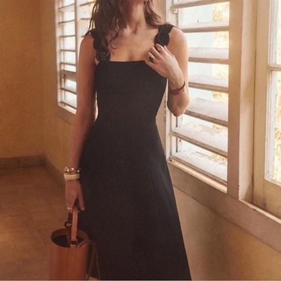 Sezane Robe Edna Black Crochet Strap Midi Dress - Picture 2 of 7